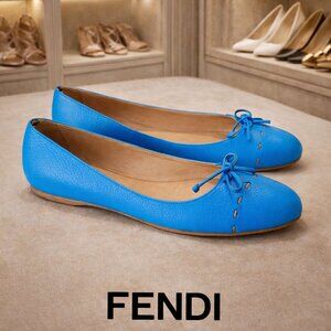 FENDI Peacock Blue Genuine Leather Ballet Flats
